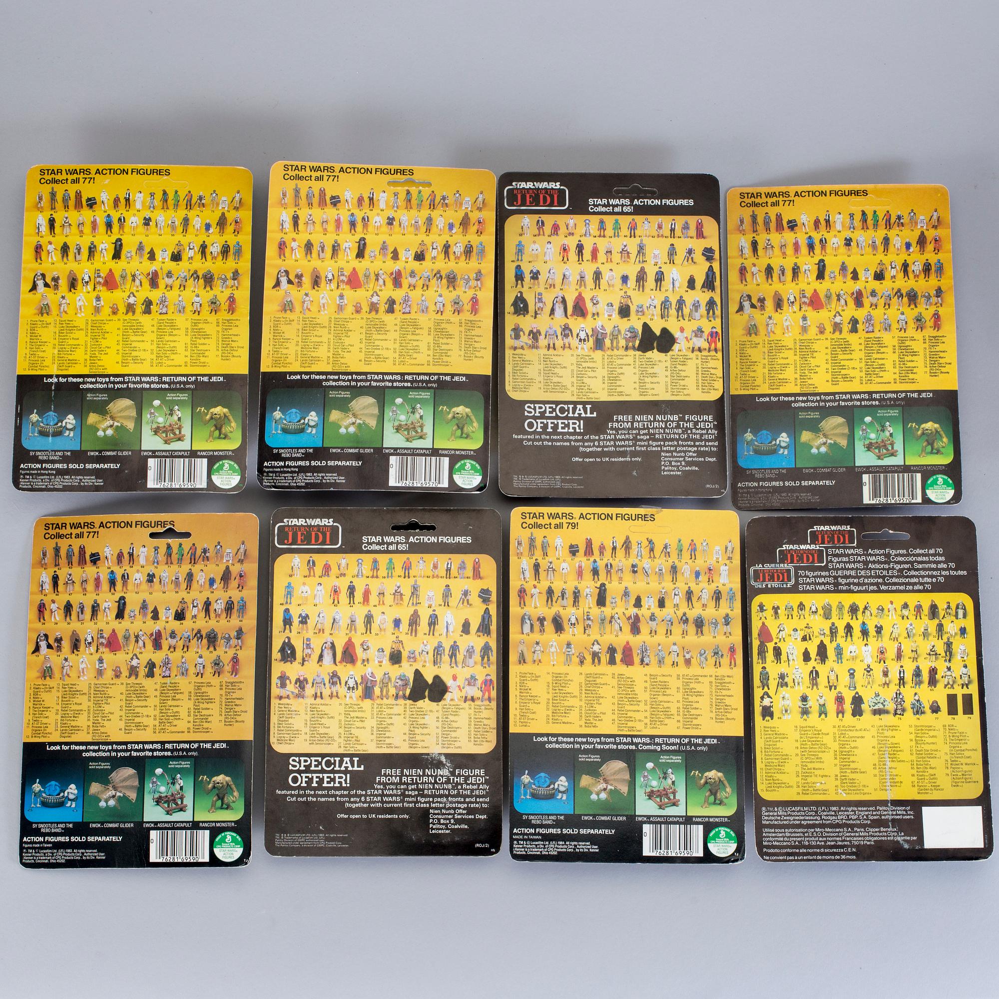 STAR WARS, 8 stycken actionfigurer i förpackning, Kenner och Palitoy, 1980-tal.
