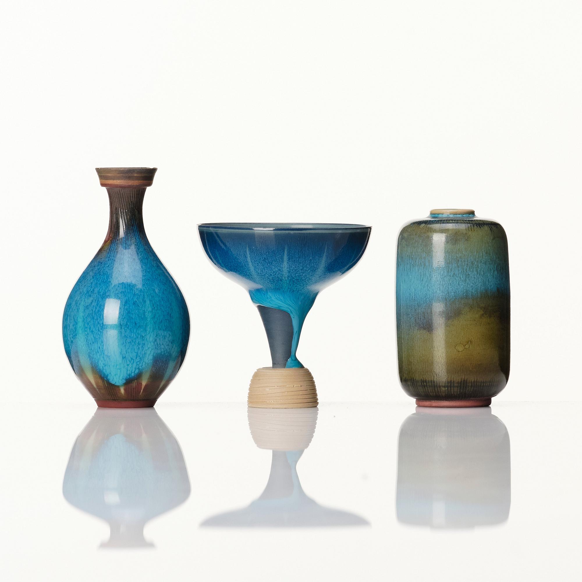Wilhelm Kåge, three 'Farsta' stoneware miniature vases, Gustavsberg studio, Sweden 1958.