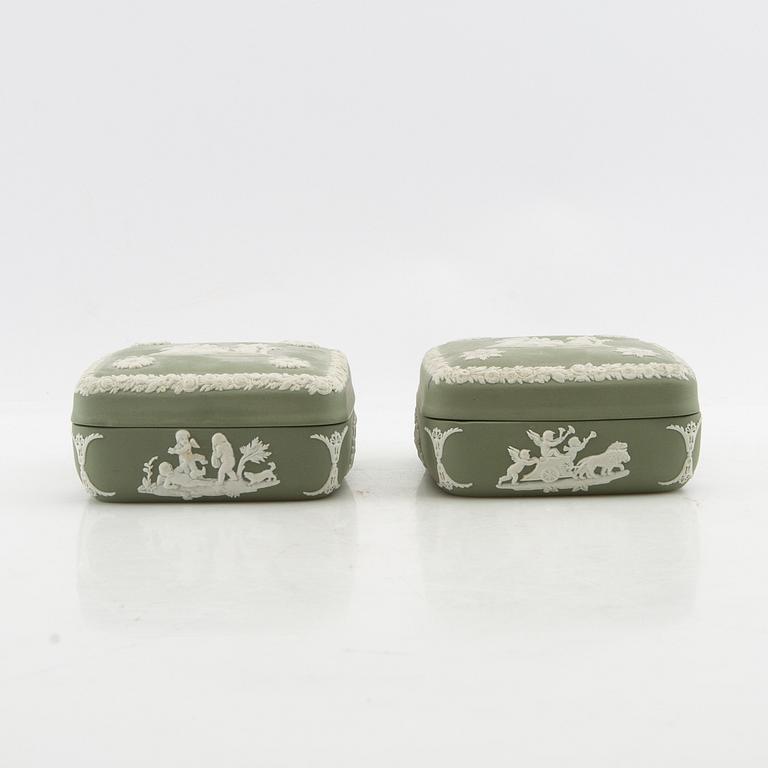 A collection of boxes, plates, and a vase 9 dlr mostly Wedgwood England 20th century jasperware.