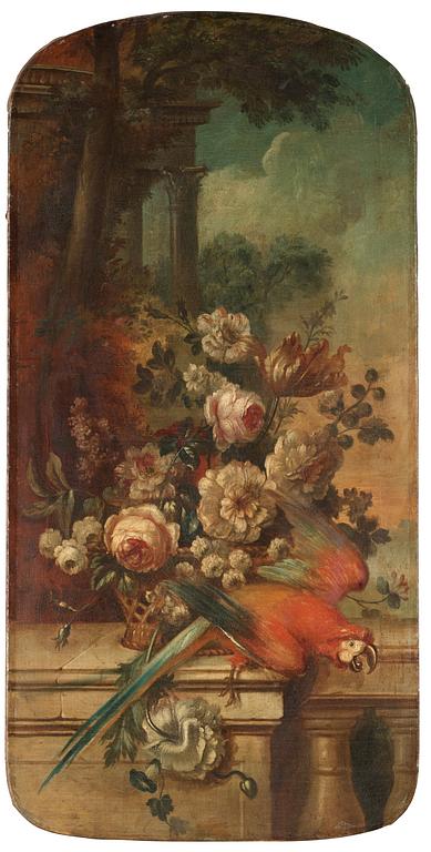 Pieter Casteels III Follower of, Still life with birds and flowers.