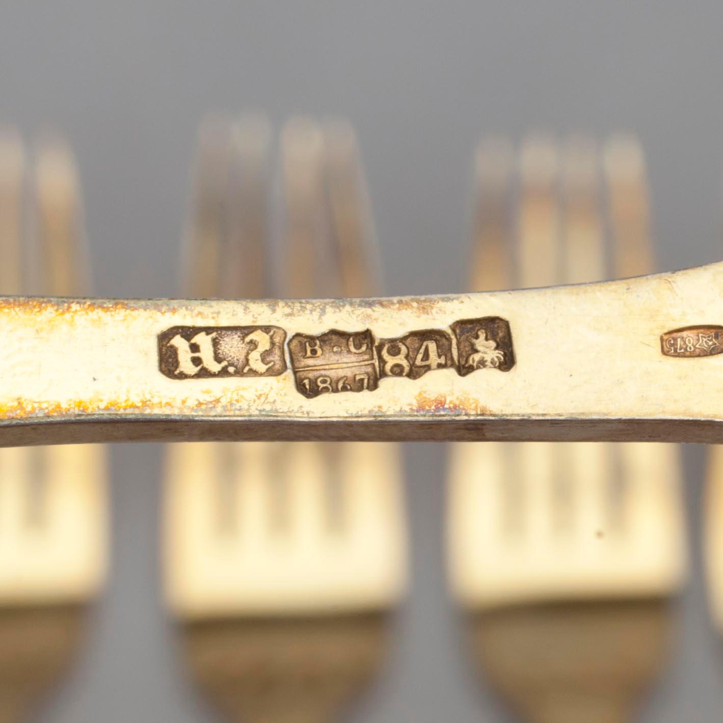 GAFFLAR, 6 st, förgyllt silver, Ryssland, Moskva 1867. Vikt 339 g.