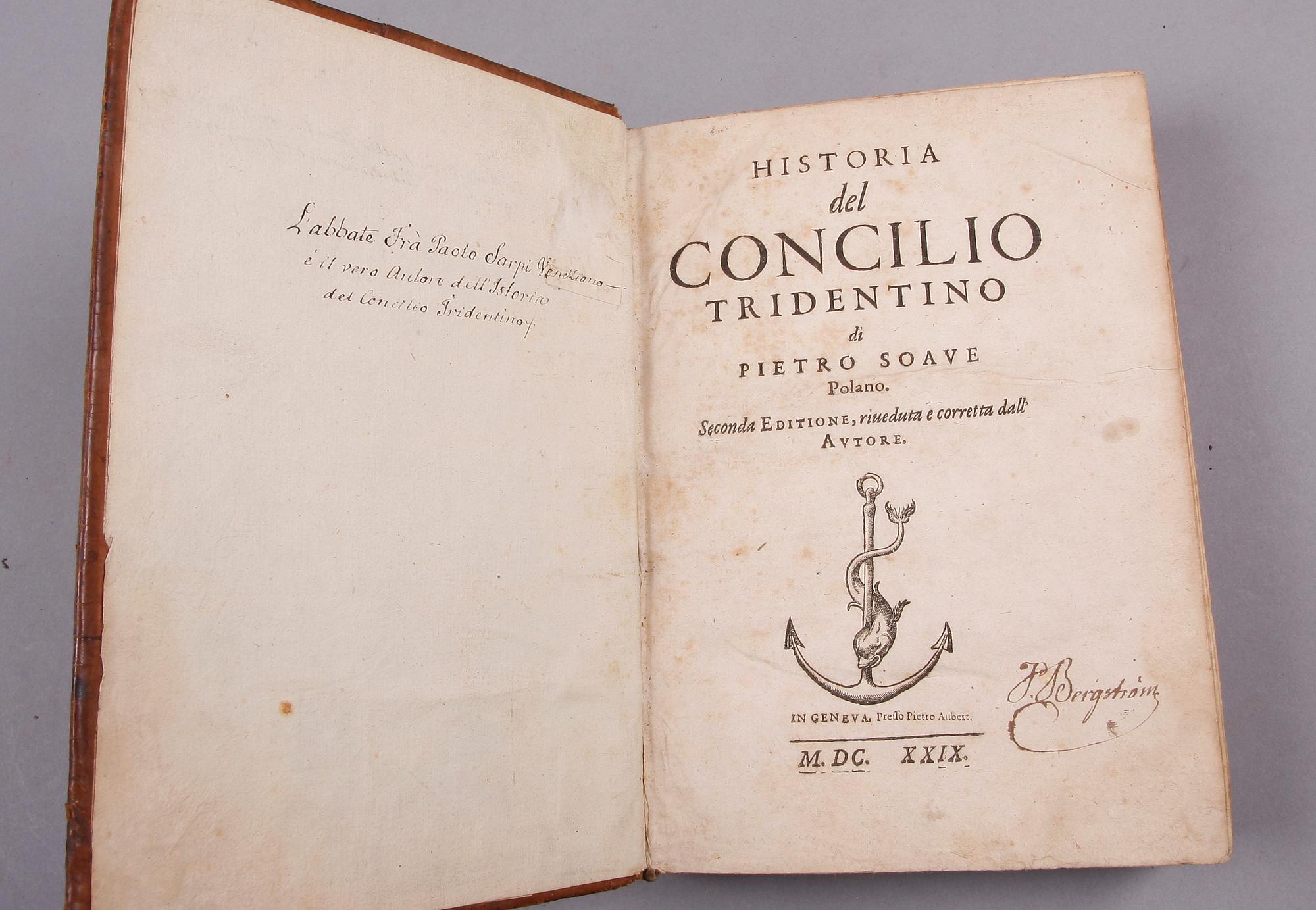 BOK, "Historia del Concilio Tridentino" av Pietro Soave Polano, andra upplagan, Geneve 1629.