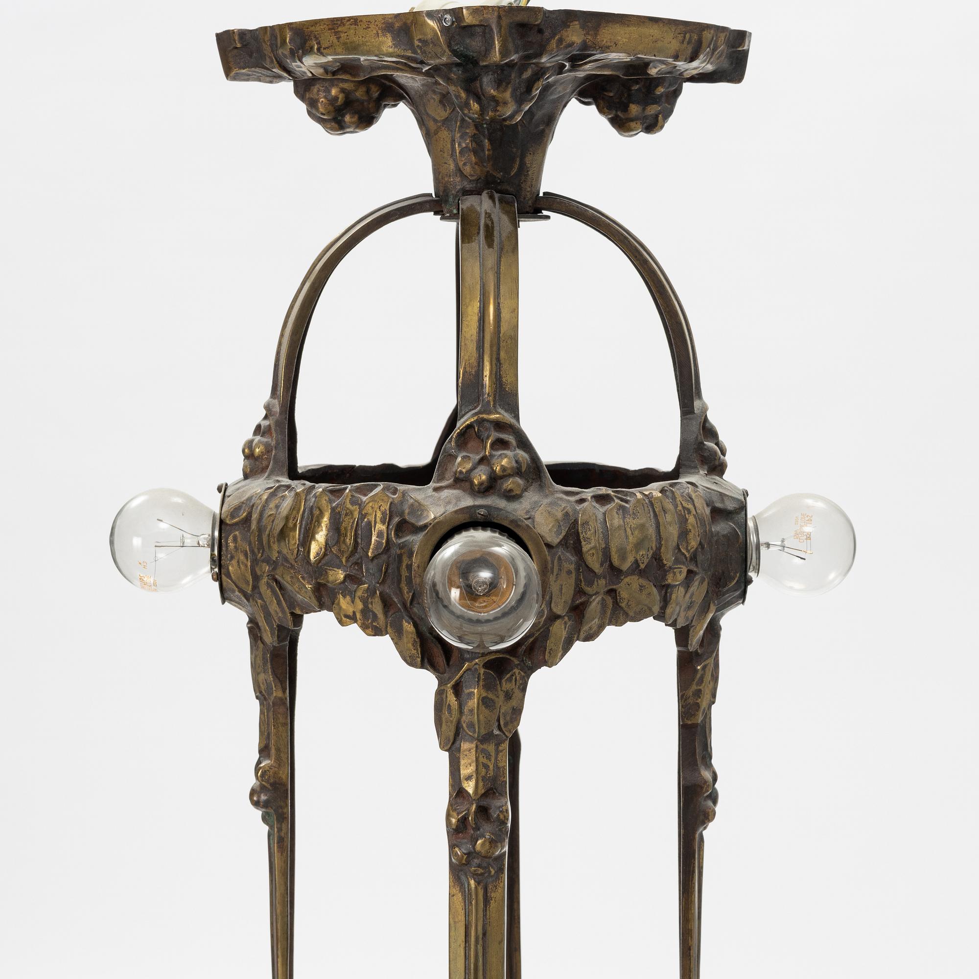 An Art Nouveau glass and brass ceiling light, Arvid Böhlmarks Lampfabrik, early 20th Century.