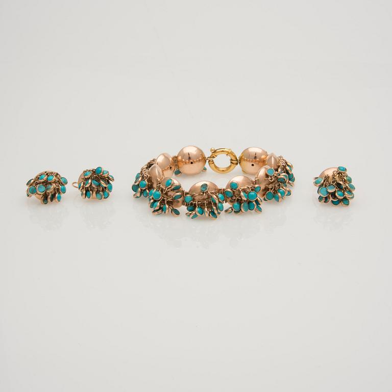 ARMBAND, RING och ÖRHÄNGEN, turkoser, 14K rose guld.