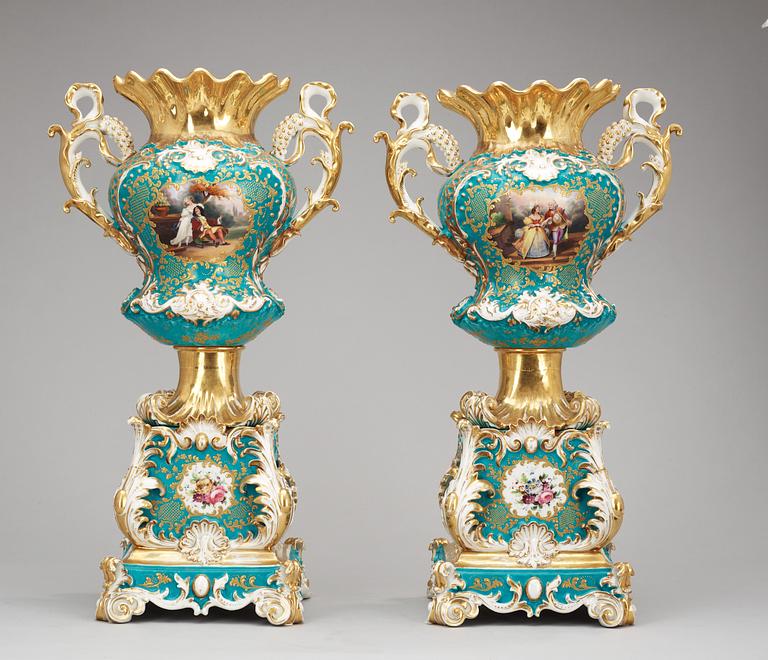A pair of large french vases on stands, Jacob Petit, mid 19th Century.