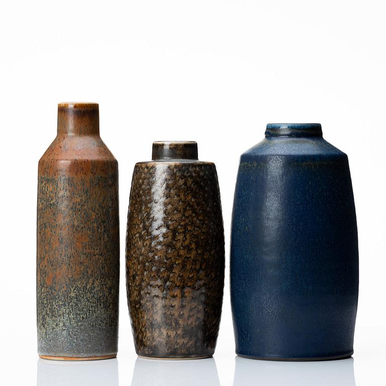 Carl-Harry Stålhane, a set of three unique stoneware vases, Rörstrand, Sweden 1960 and 1964.