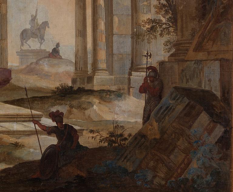 Johan Pasch Attributed to, Panel. Landscape with ruins and resting soldiers.