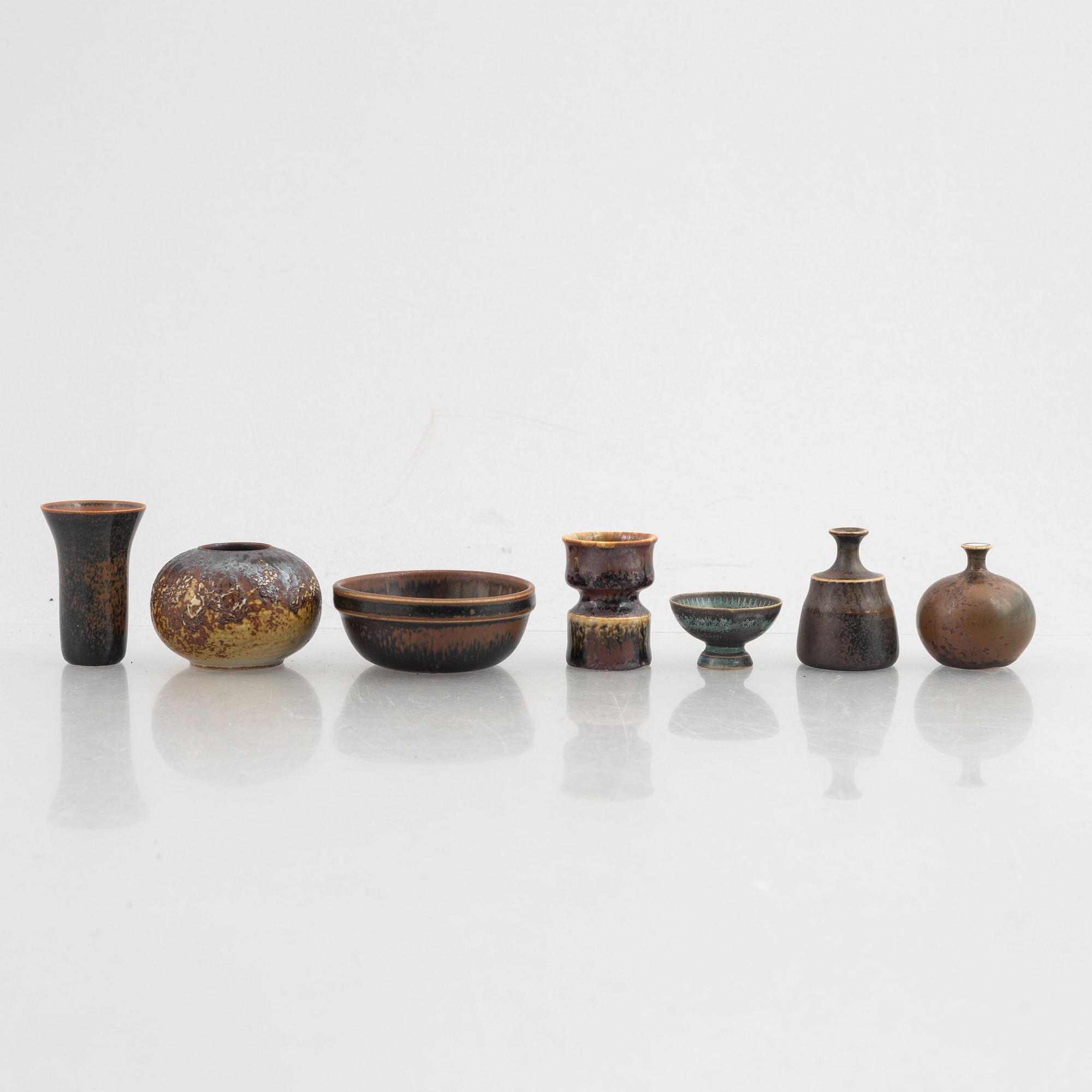 Stig Lindberg, a set of seven miniatures, Gustavsberg Studio ( five vases, two bowls).