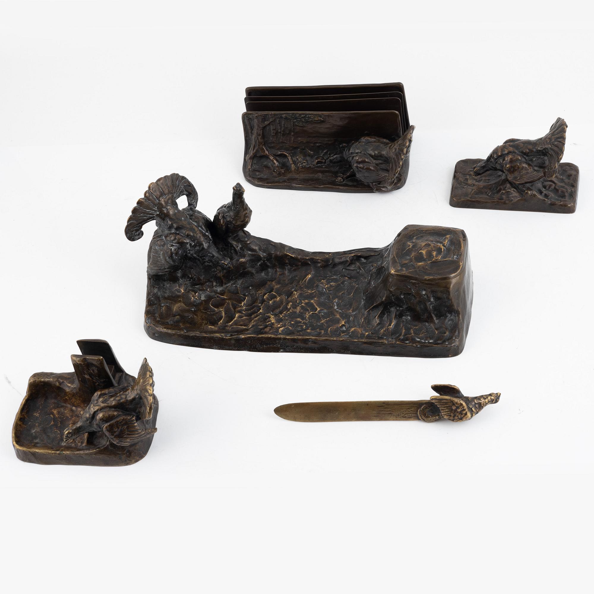 Friedrich Gornik, a five-piece bronze desk set modelled with black grouse, Jugend, 1910's/1920's.