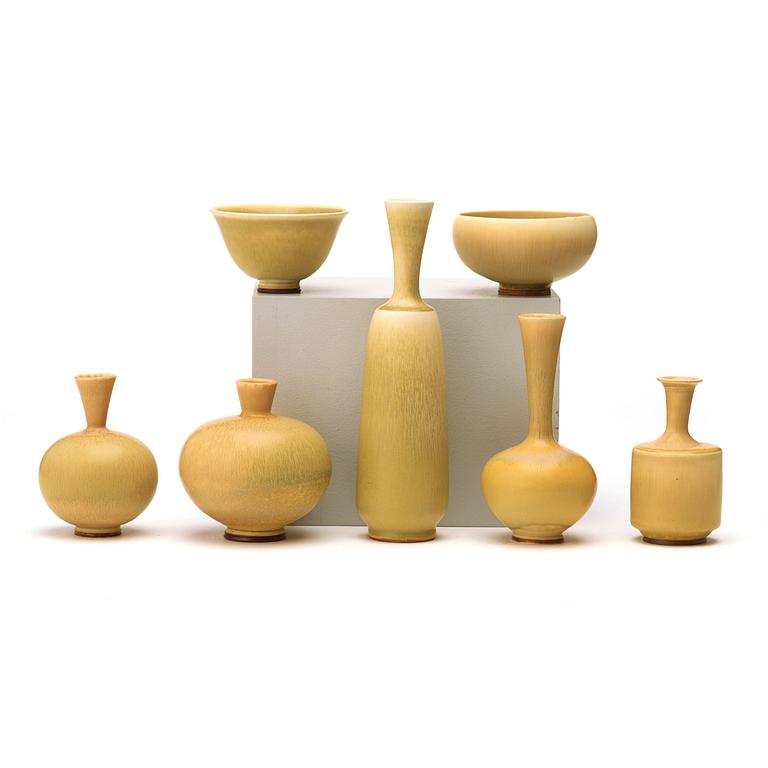 Berndt Friberg, a set of five vases and two bowls Gustabsberg studio 1970's.