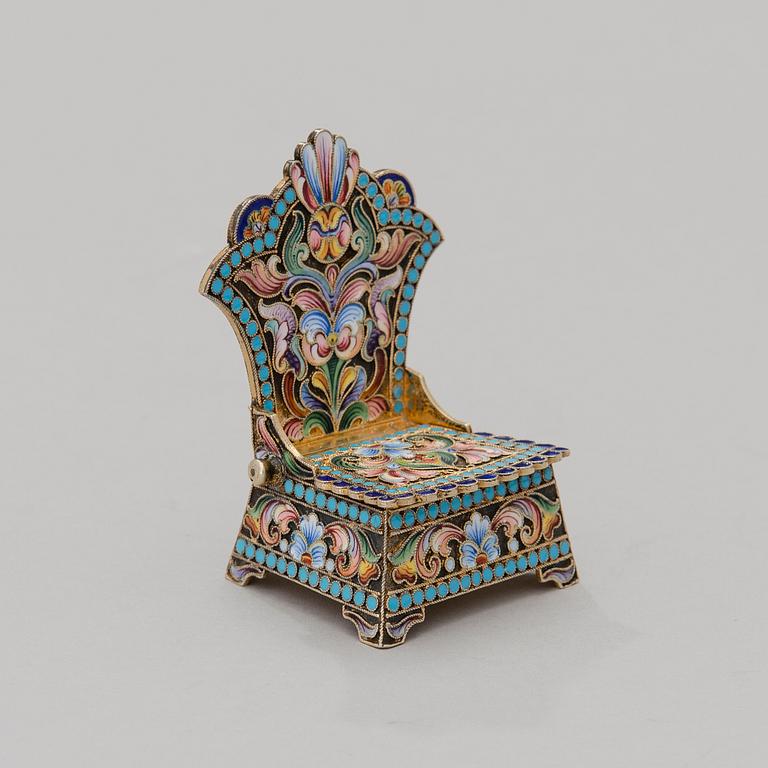 RUSSIAN SALT CHAIR, silver and cloisonné enamel, early 20th century, unclear maker's mark.