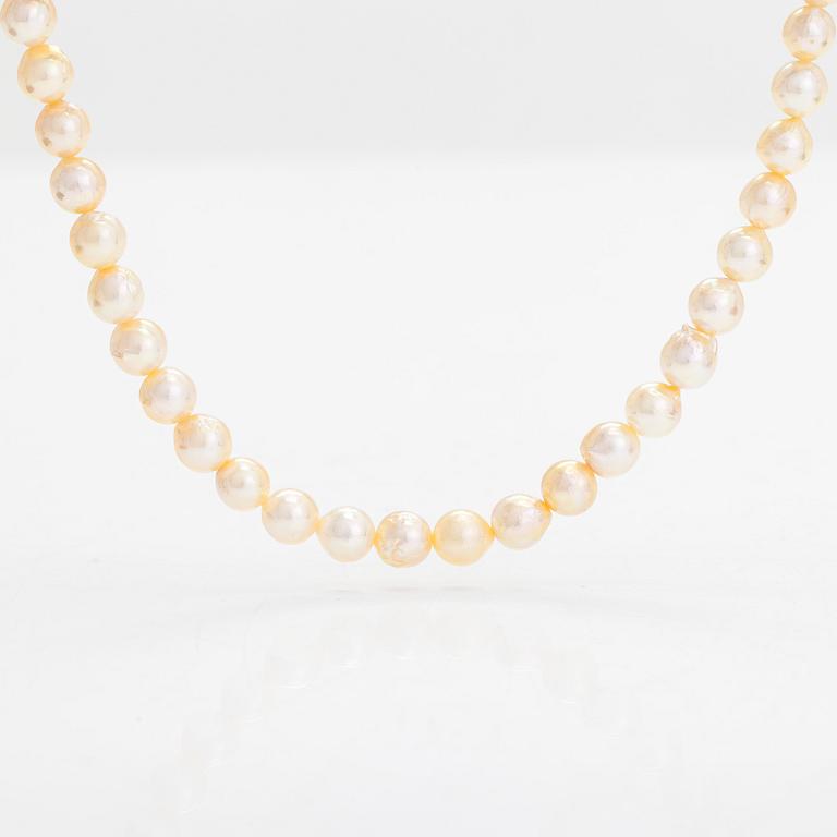 A set of cultured pearl necklace and bracelet, clasps in 18K gold. Italy.