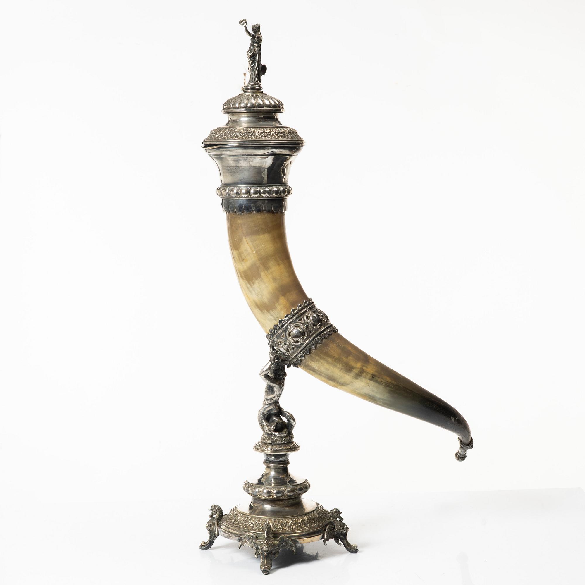 Drinking horn, silver plate, GAB, Stockholm early 20th century.