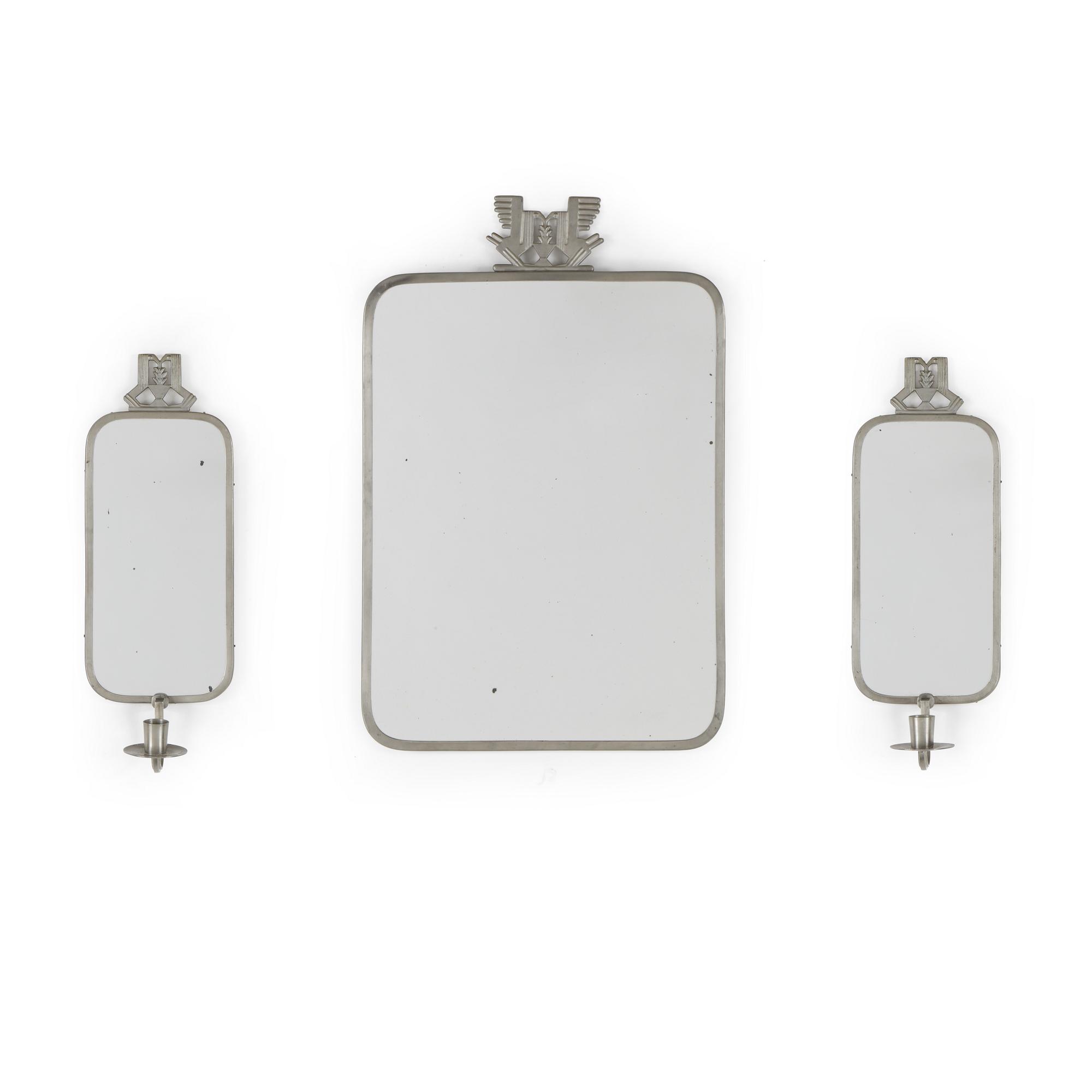 SPEGEL samt SPEGELLAMPETTER, 3 delar, tenn, Art Deco, 1930-tal.