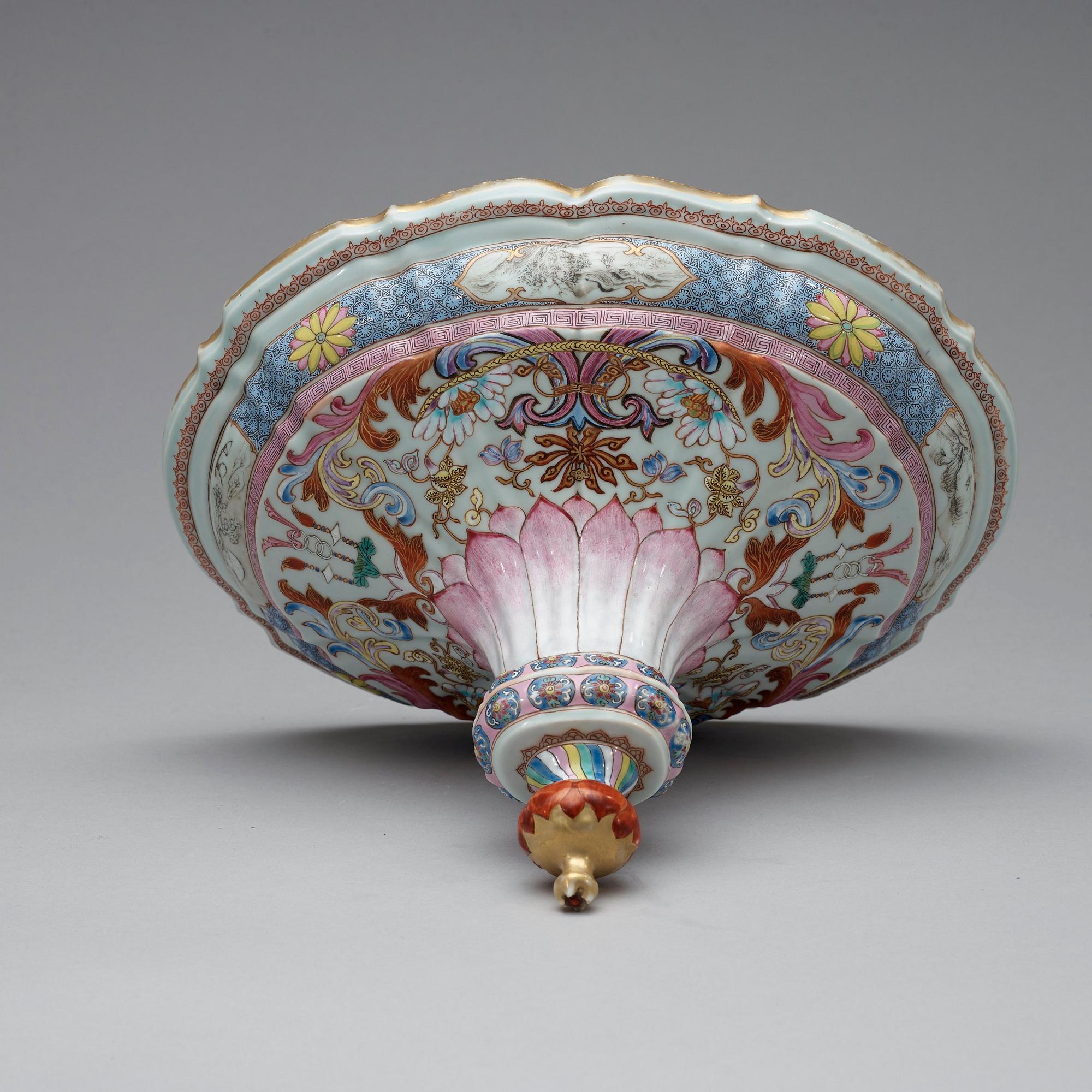 A rare large, finely painted tureen with cover and stand, Qing dynasty, Qianlong (1736-95).
