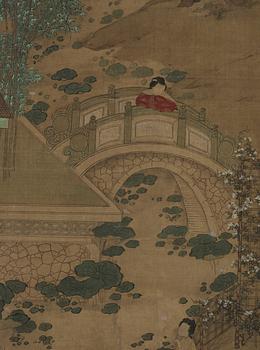 A hanging scroll of a garden scenery with court-ladies and attendants, Qing dynasty, 19th century.