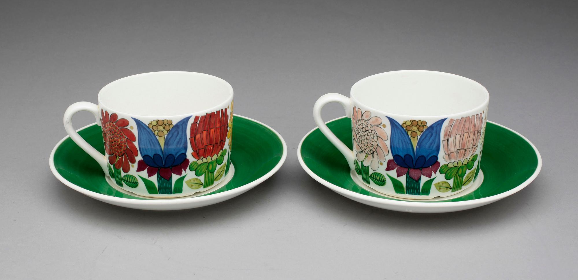 TEKOPPAR med FAT,6 st, porslin. Stig Lindberg, Gustavsberg 1970-tal. Tahiti.