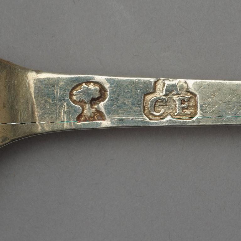 A Swedish 18th century silver-gilt spoon, marks of Carl Magnus Ekman, Eksjö (-1729-1736(-38)).