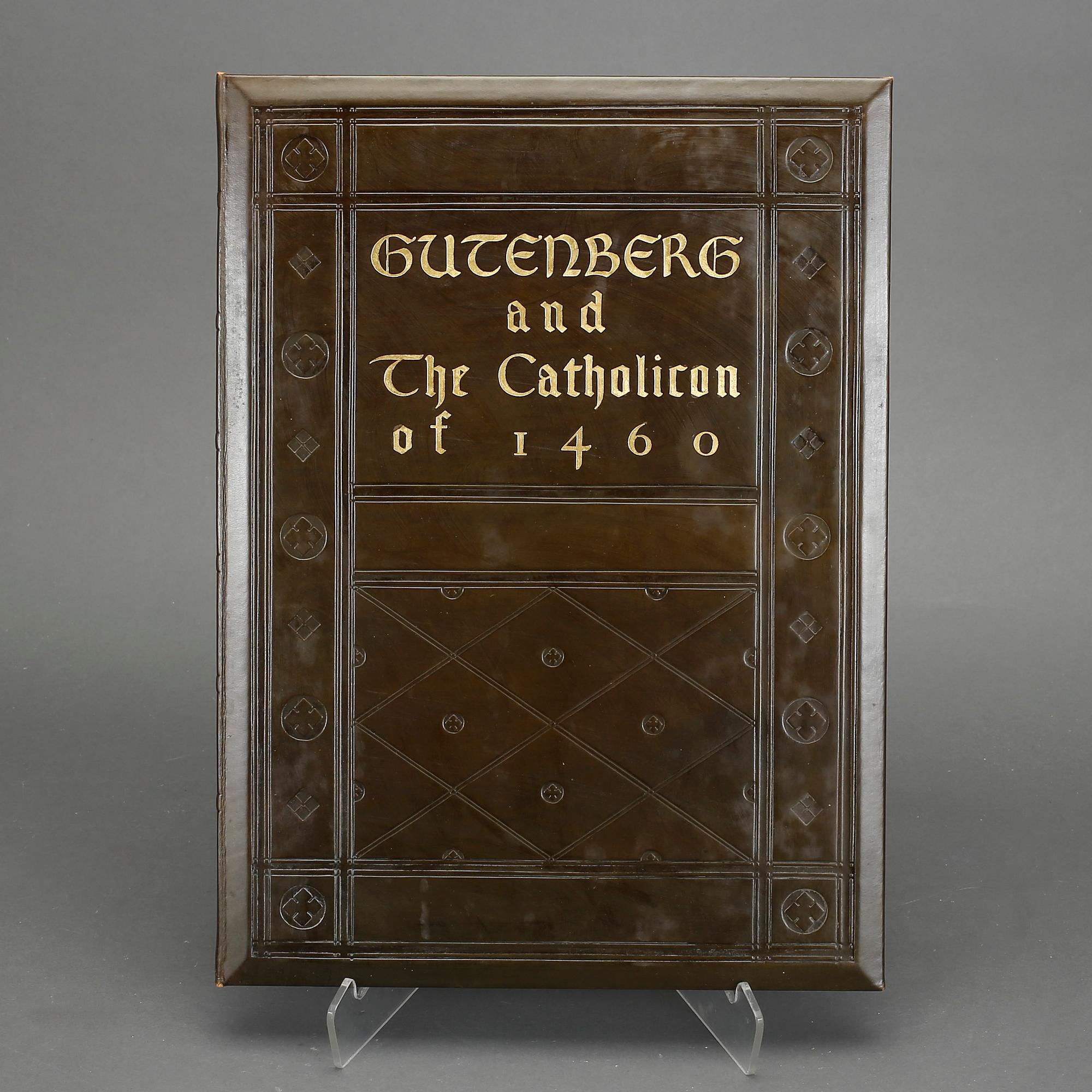 GUTENBERG AND CATHOLICON OF 1460 MED ORIGINALBLAD, New York 1936 resp Mainz 1460.