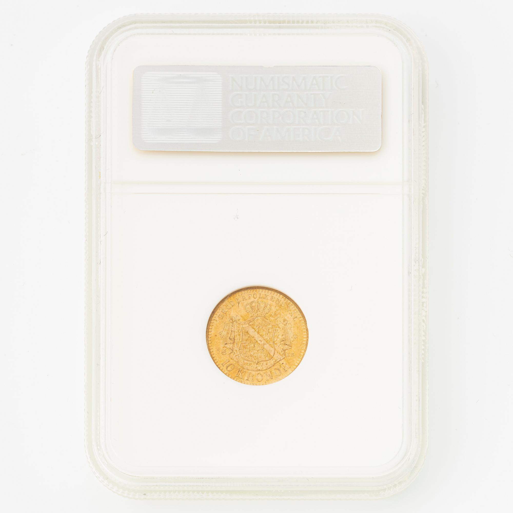 Gold coin, Oscar II, 10 kronor, type II, Sweden 1895.