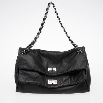 A Black Leather Double Mademoiselle Lock Flap Bag.