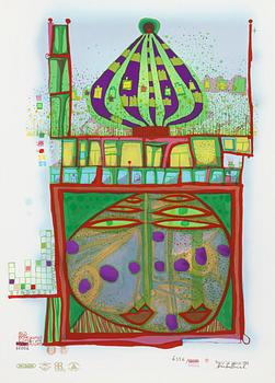 Friedensreich Hundertwasser, photo lithograph and silk screen with metal embossing, 1984. Signed and numbered 6356/10002.