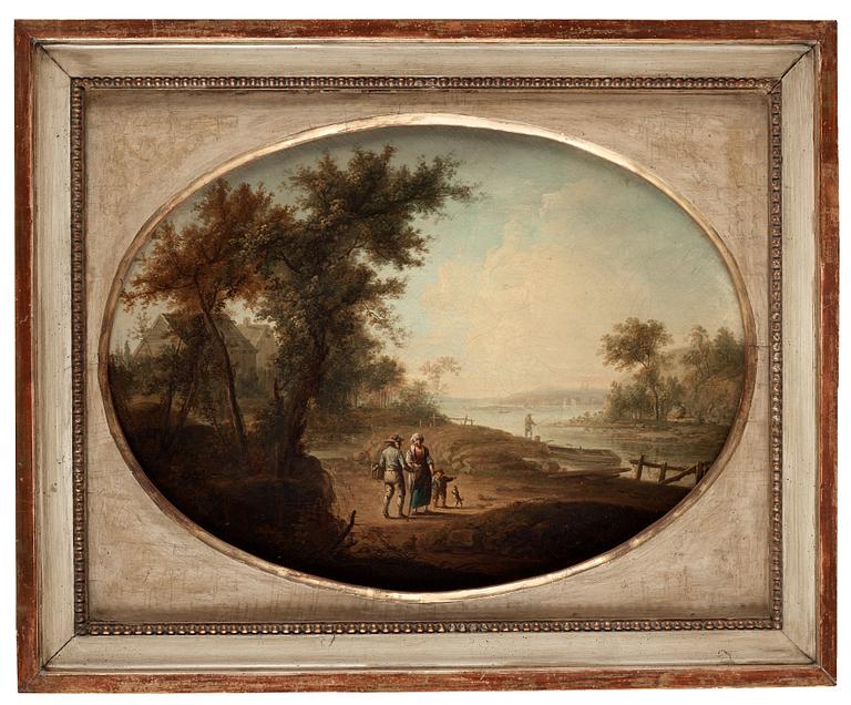 Johan Philip Korn Attributed to, Landscape with figures near a lake.