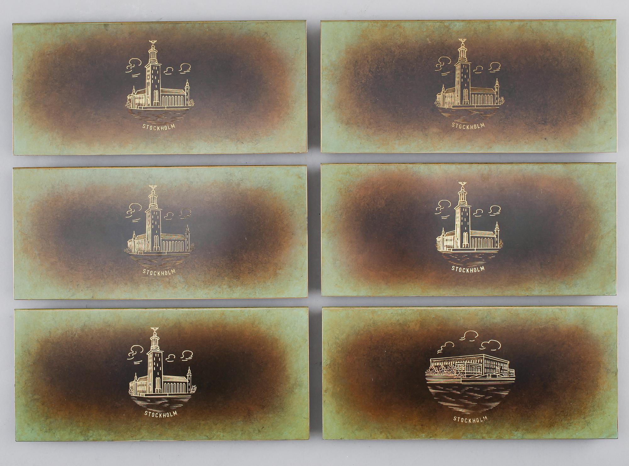 CIGARETTSKRIN, 6 st, patinerad brons, Ystad Brons, 1900-talets mitt.