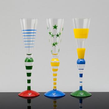 Six signed hand painted 'Clown' champagne glasses by Anne Nilsson.