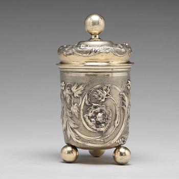 A Russian 19th century parcel-gilt silver beaker and cover, Moscow 1857.