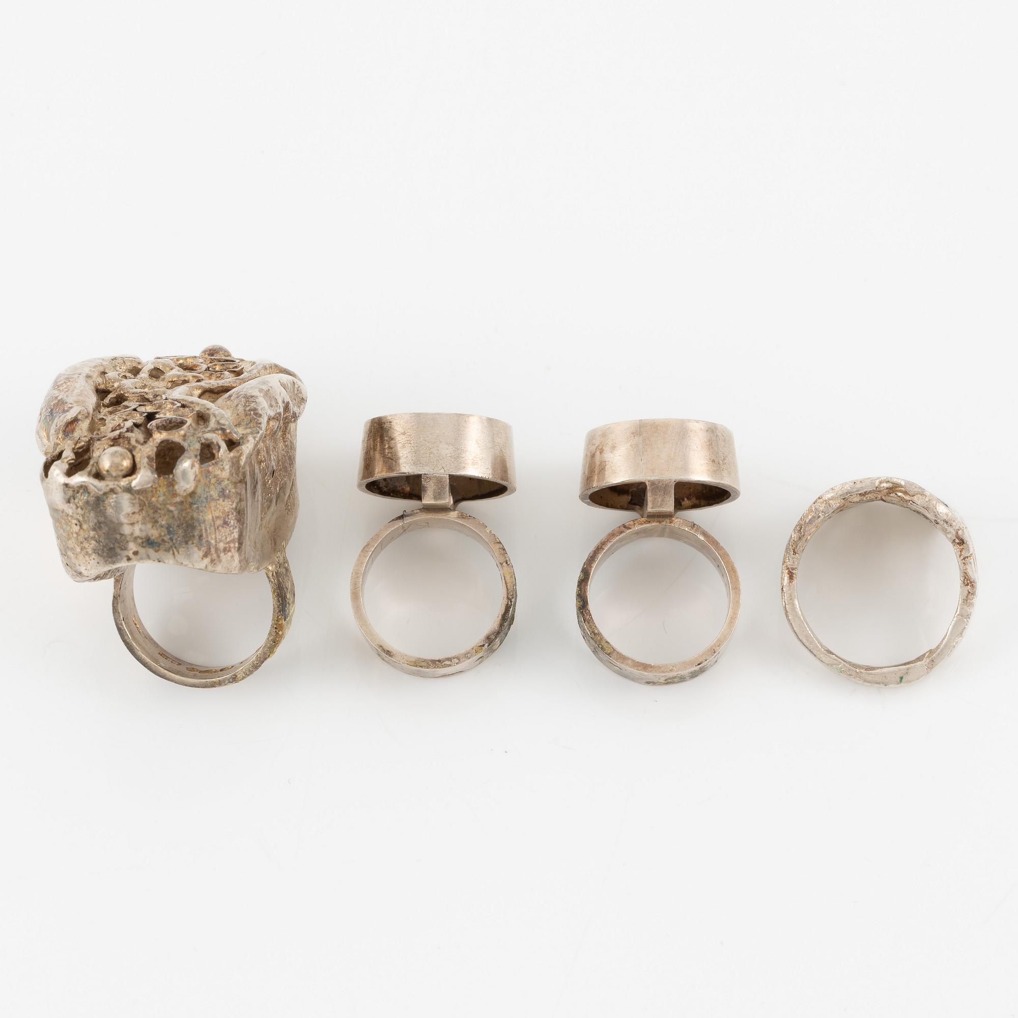 Lars Arby, four rings, sterling silver and enamel, Gothenburg 1966 and 1976.
