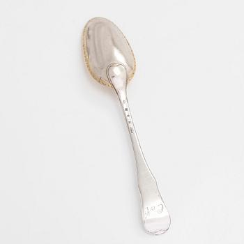 Six early 19th-century silver spoons, and a sprinkle spoon, mainly Tammisaari and Turku, Finland 1803-1820s.