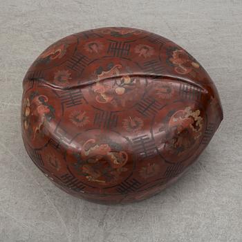 A massive Japanese wooden and lacquered box with cover, in the shape of a peach, early 20th century.