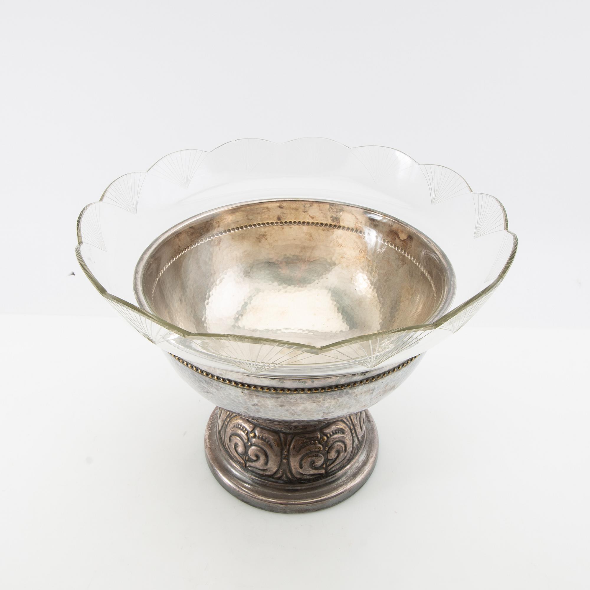 Skål på fot Jugend 1920-tal nysilver och glas.