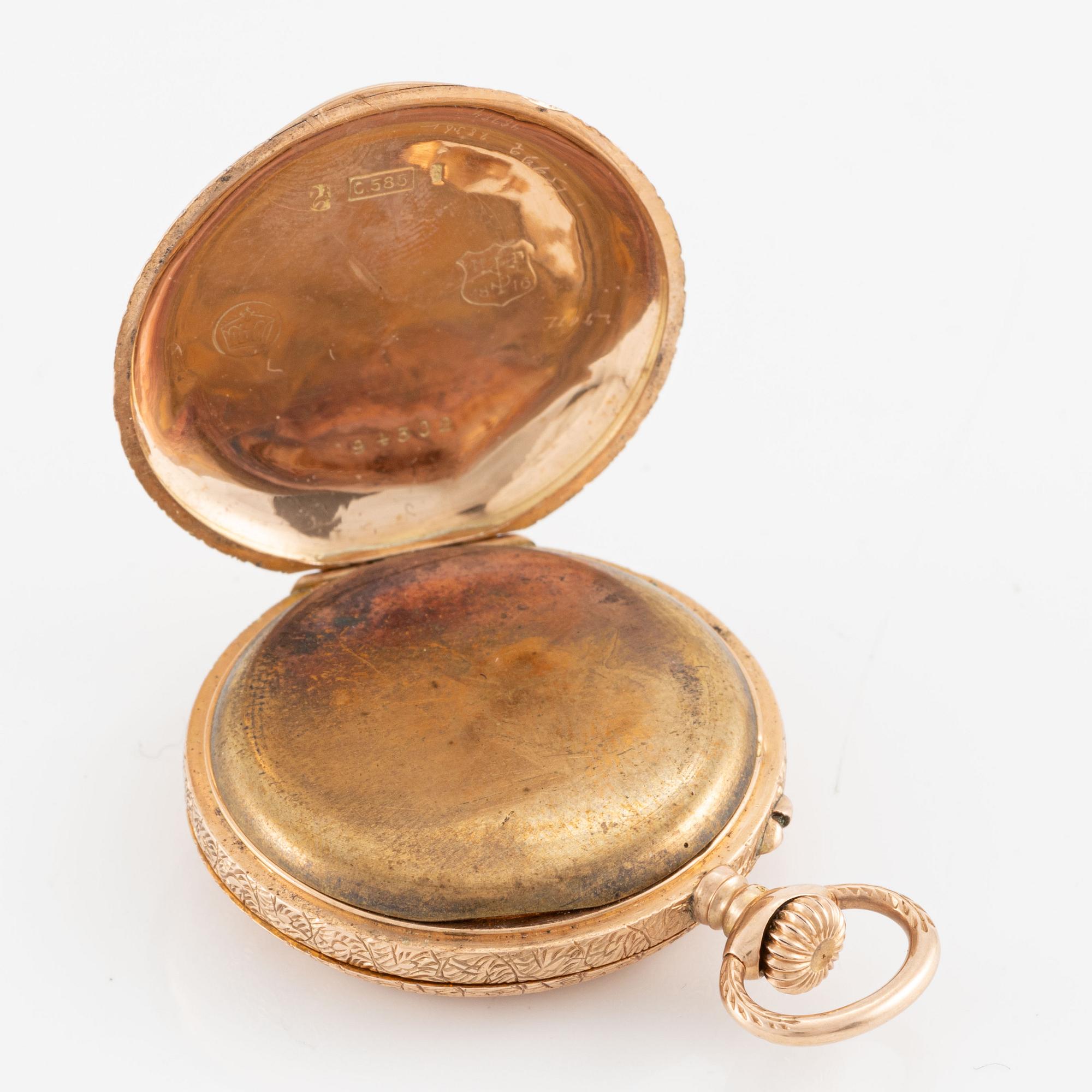 Pocket watch, half hunter, 14K gold, 32.5 mm.