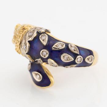 Ring, 18K gold with blue enamel, diamonds, and rubies, Greece.