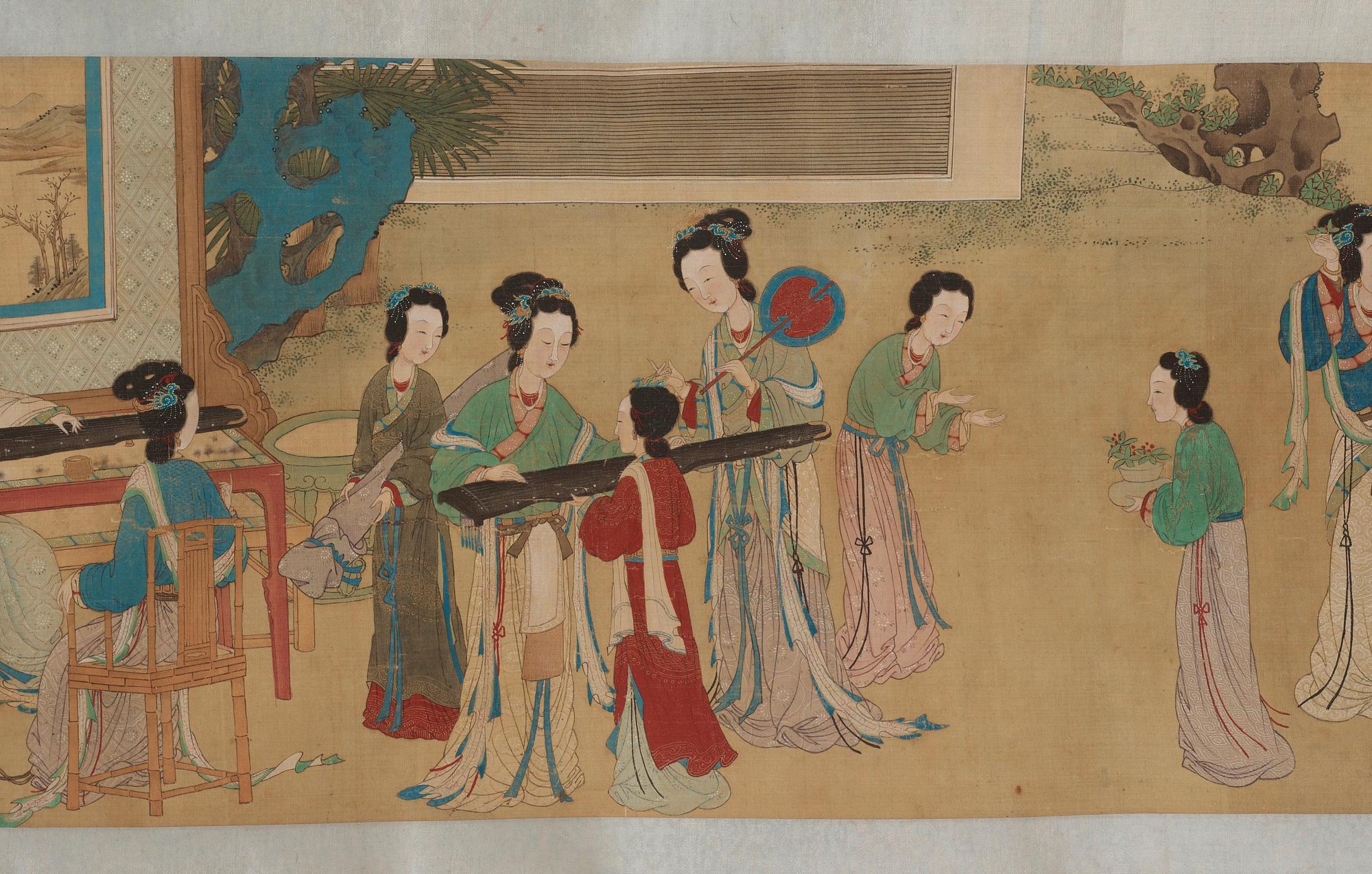 A fine painting of 100 ladies and attendants in a palace garden, and with calligraphy, late Qing dynasty (1644-1912).