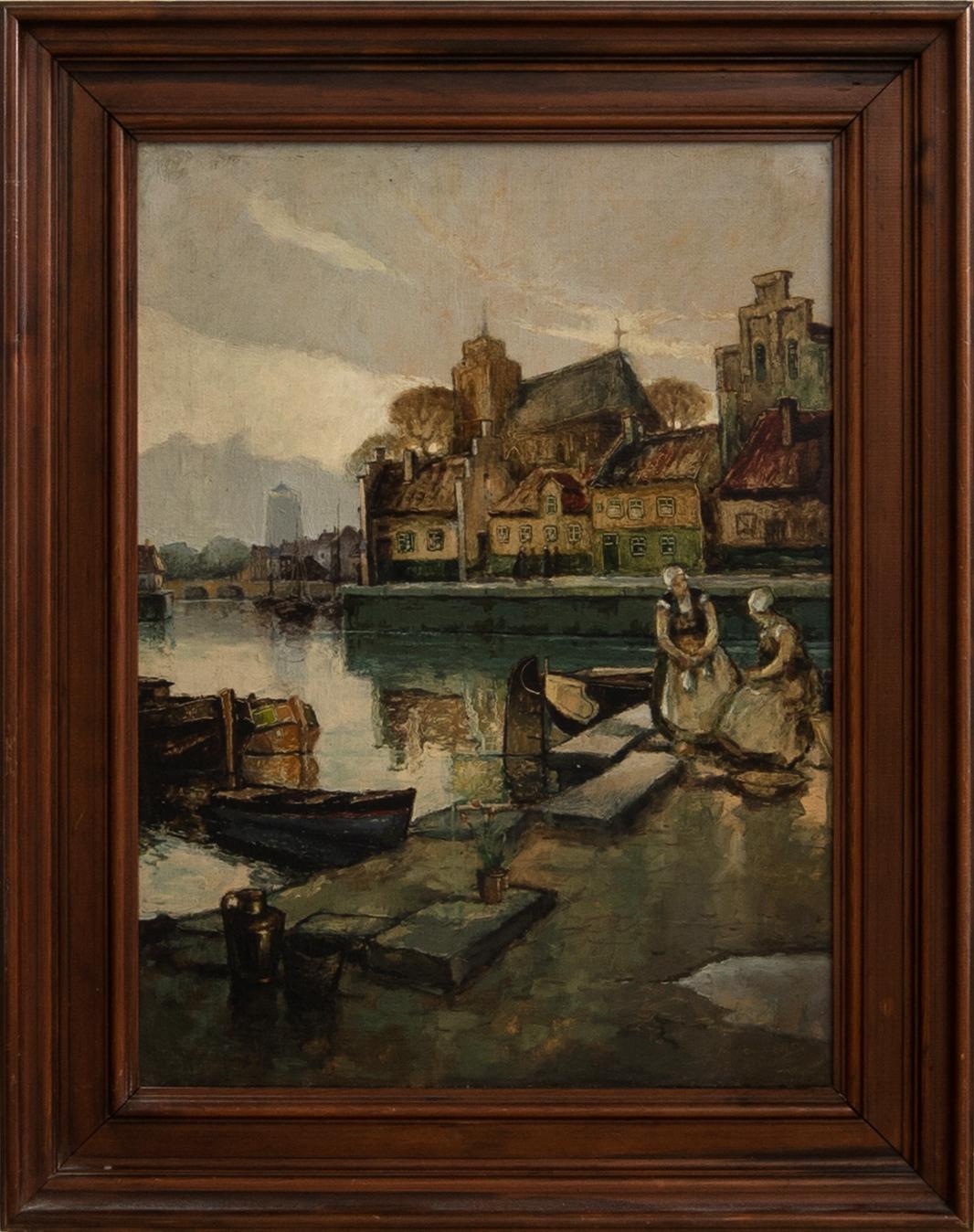 Unknown artist 20th century, Harbour scene with fishing women.