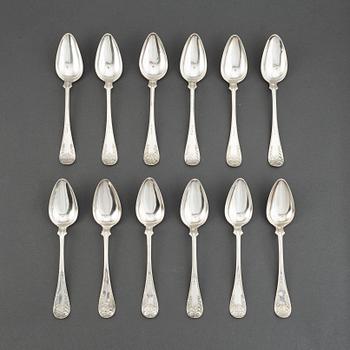 Gustaf Aulander, twelve Swedish silver spoons, Karlskrona, 1862.