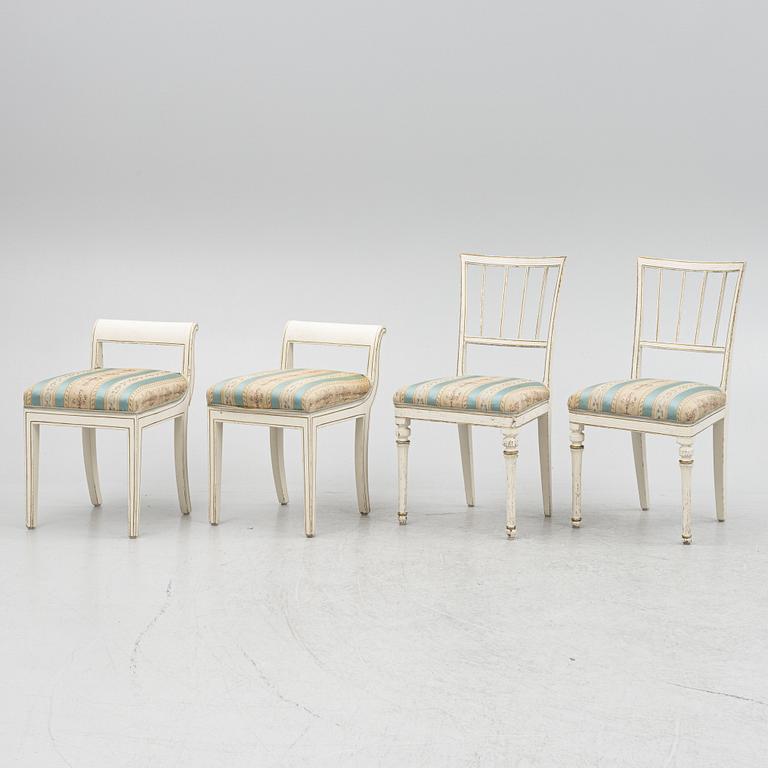 Stolar, ett par och pallar/taburetter, ett par, sengustavianska, 1800-talets början.