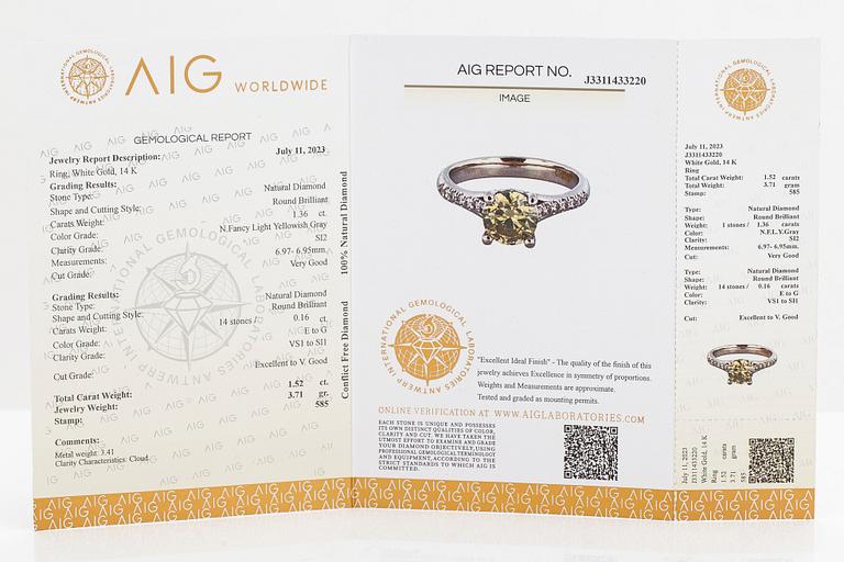 A 14K white gold ring, with diamonds approx. 1.44 ct in total. With AIG and SJL certificates.