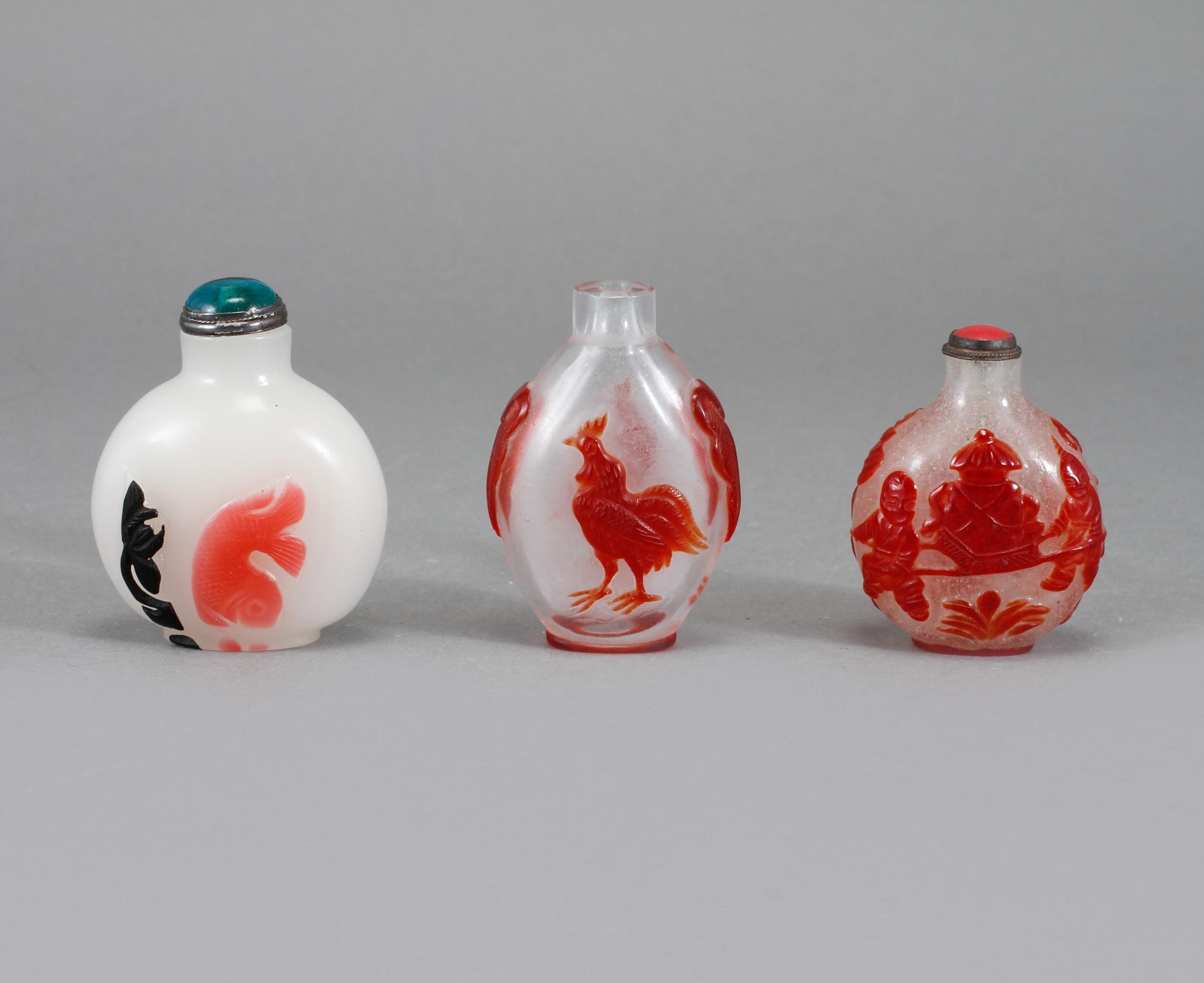 SNUSFLASKOR, 3 st, glas, Kina, 1900-tal.