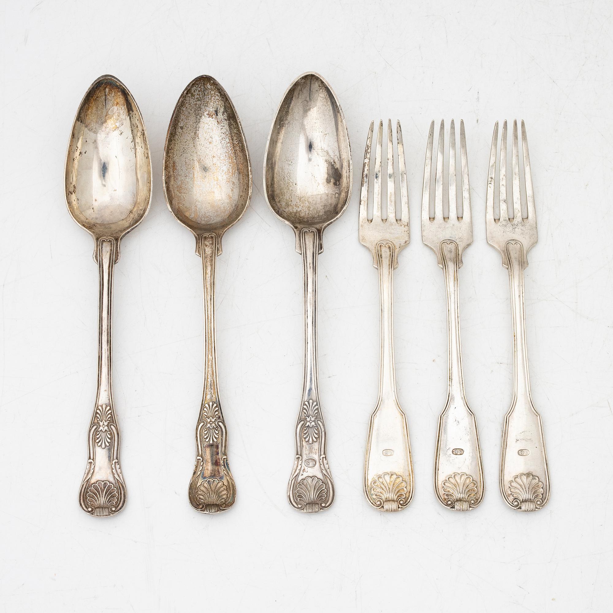 Three silver spoons and three silver forks, Firma Gustaf Möllenborg, 1859.