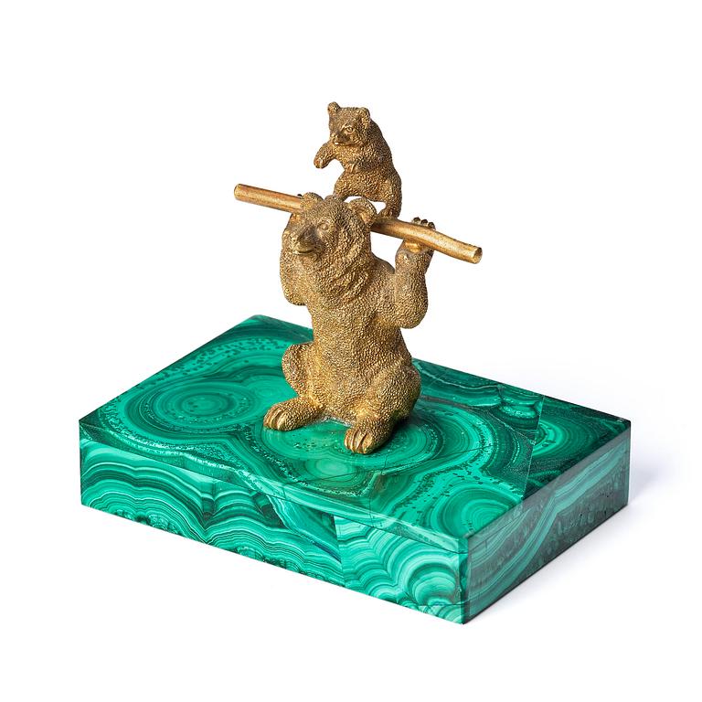 A Russian Nicholas II malachite-veneered and gilt-bronze paperweight, late 19th century.