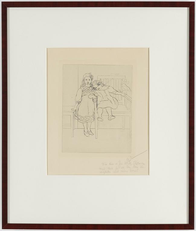 CARL LARSSON, etching, signed C.L. in pencil with dedication. Executed 1909. State 1. Very rare. "Two sisters".