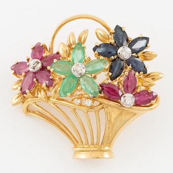 Brooch 18K gold set with round brilliant-cut diamonds as well as emeralds, sapphires, and rubies.