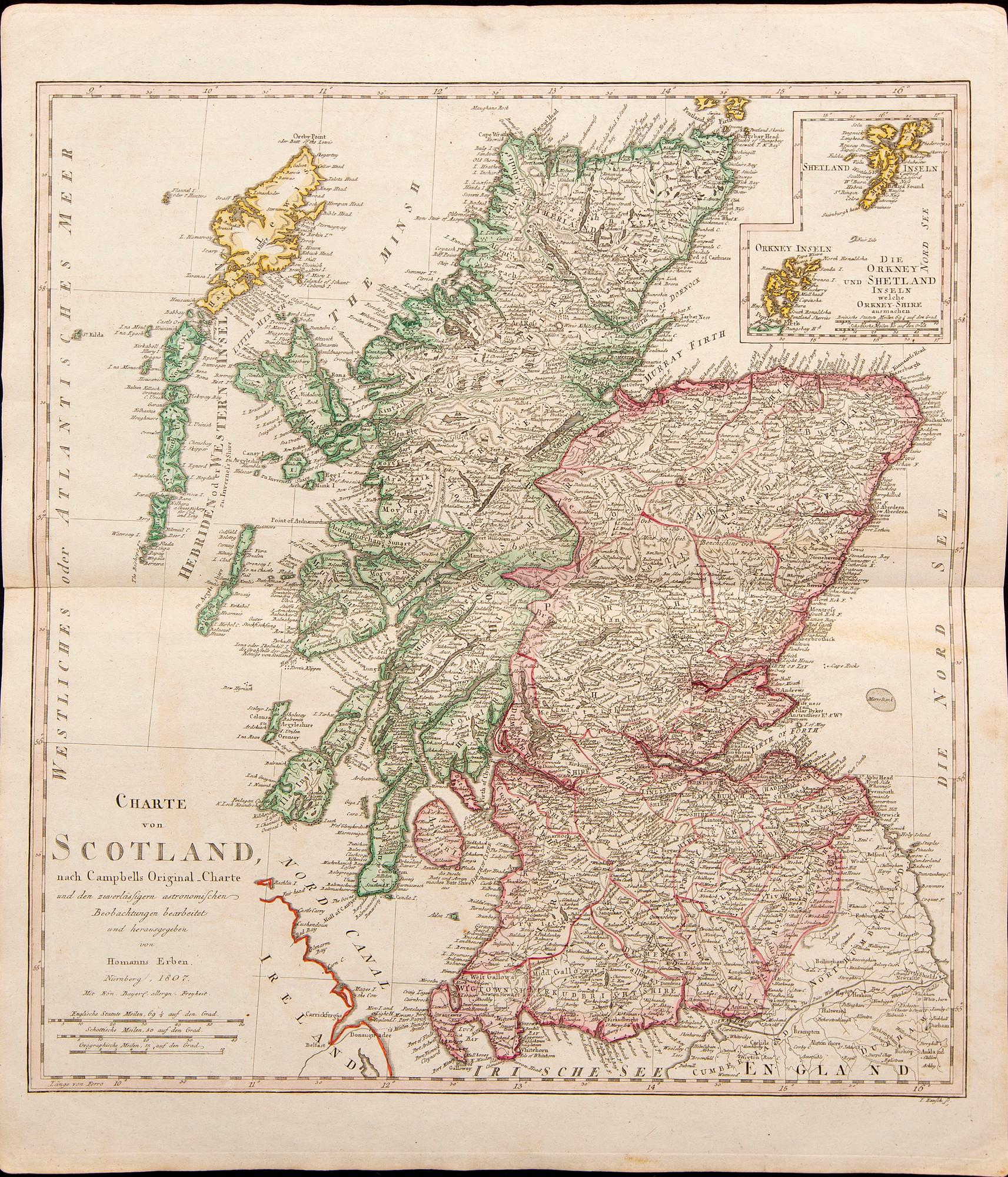 Homannn's Heirs, map Scotland, hand colored copper engraving, Nürnberg 1807.