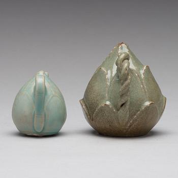 Two Korean celadon glazed pots, Koryo, 13th century.