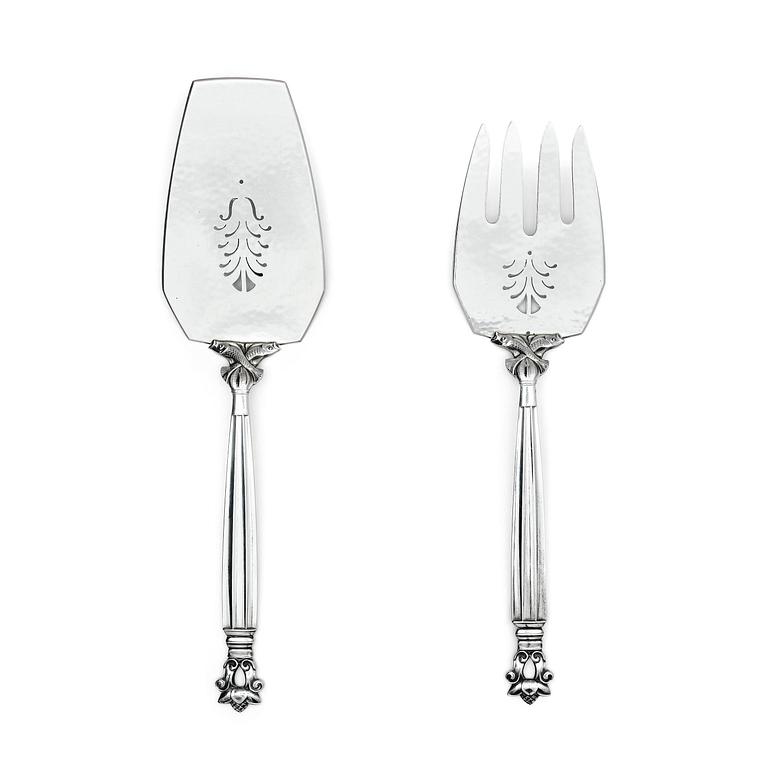 Georg Jensen, serveringsbestick för fisk, 2 delar, "Konge/Acorn", sterling silver, design Johan Rohde, Köpenhamn 1919-1927.