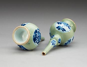 A pair of blue and white celadon ground water sprinklers, Qing dynasty, Kangxi (1662-1722).